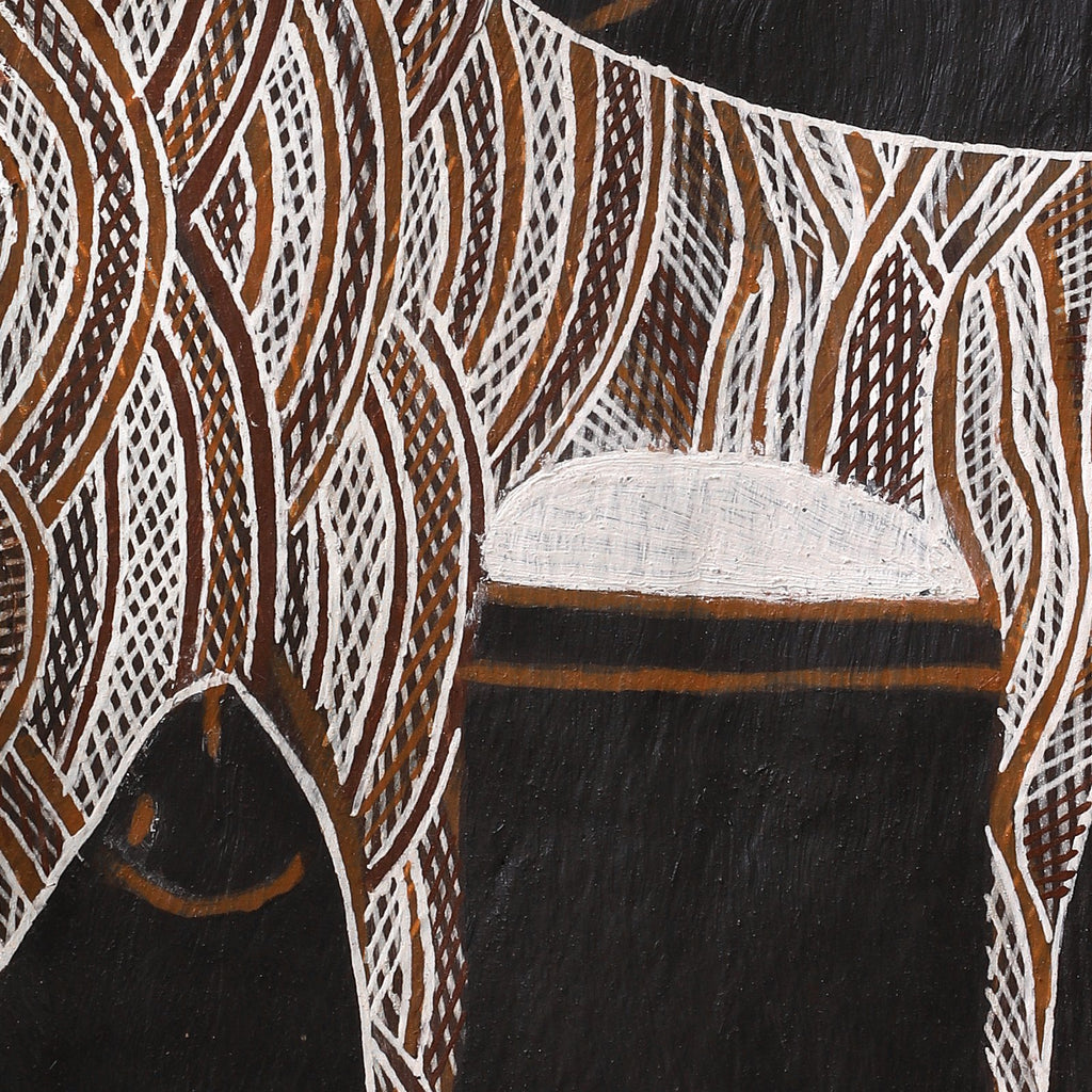 Aboriginal Artwork by Golwirr Marika, Rulyapa, 80x32cm Bark