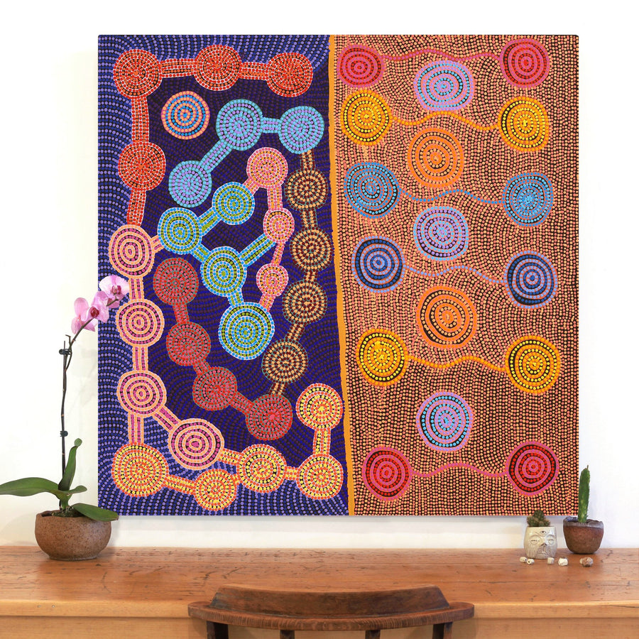 Aboriginal Artwork by Jarred Jangala Robertson, Ngapa Jukurrpa (water Dreaming) - Puyurru, 107x107cm
