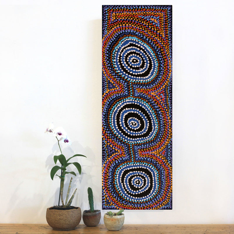 Aboriginal Artwork by Jeani Napangardi Lewis, Mina Mina Jukurrpa, 91x30cm