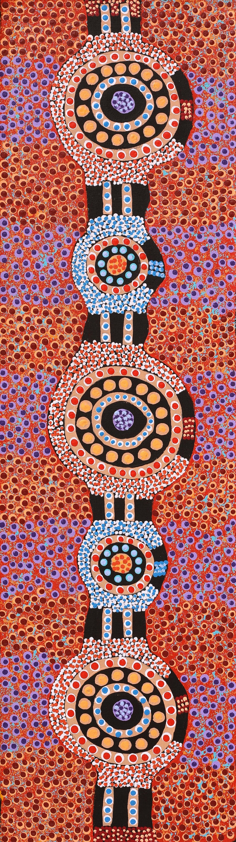 Aboriginal Artwork by Jennifer Napaljarri Lewis, Ngapa Jukurrpa (Water Dreaming) - Puyurru, 107x30cm