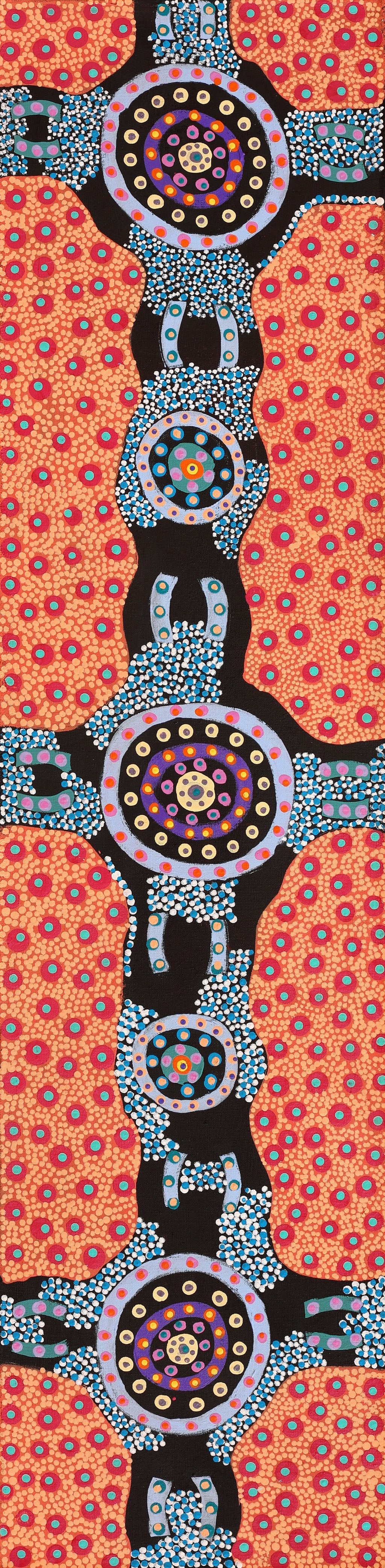 Aboriginal Artwork by Jennifer Napaljarri Lewis, Ngapa Jukurrpa (Water Dreaming) - Puyurru, 122x30cm