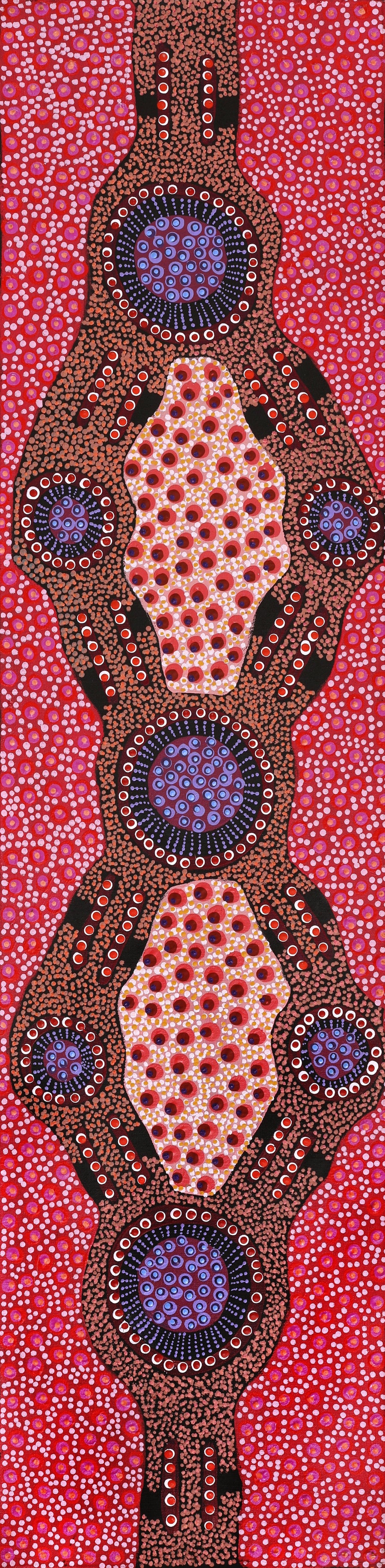 Aboriginal Artwork by Jennifer Napaljarri Lewis, Ngapa Jukurrpa (Water Dreaming) - Puyurru, 122x30cm