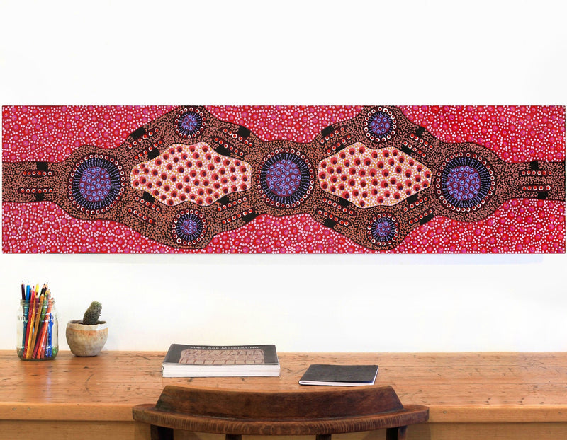 Aboriginal Artwork by Jennifer Napaljarri Lewis, Ngapa Jukurrpa (Water Dreaming) - Puyurru, 122x30cm