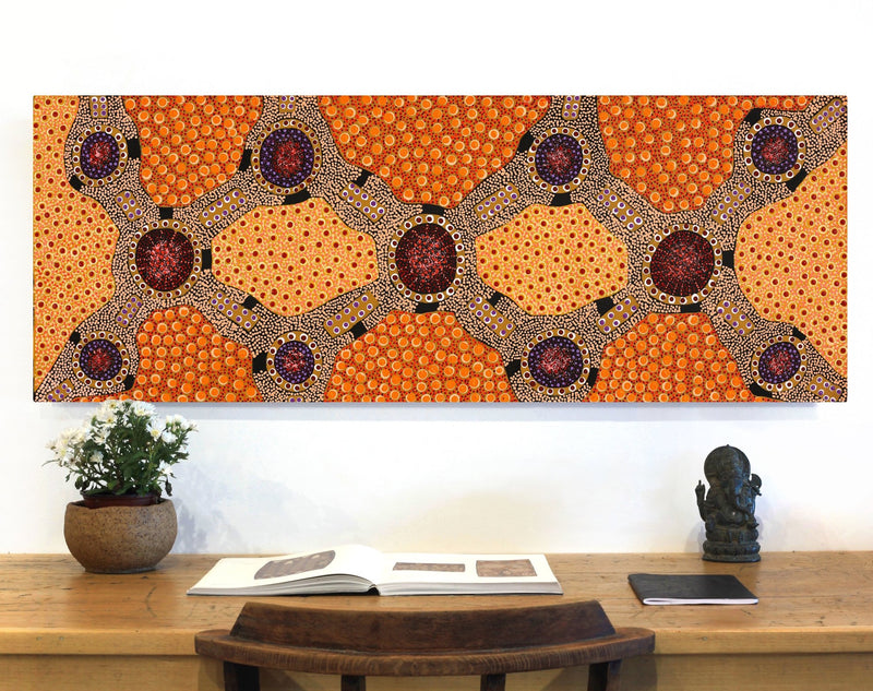 Aboriginal Artwork by Jennifer Napaljarri Lewis, Ngapa Jukurrpa (Water Dreaming) - Puyurru, 122x46cm