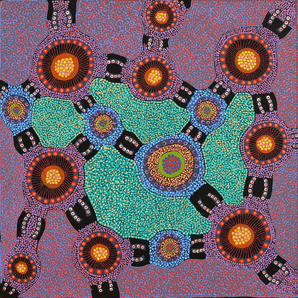 Aboriginal Artwork by Jennifer Napaljarri Lewis, Ngapa Jukurrpa (Water Dreaming) - Puyurru, 76x76cm