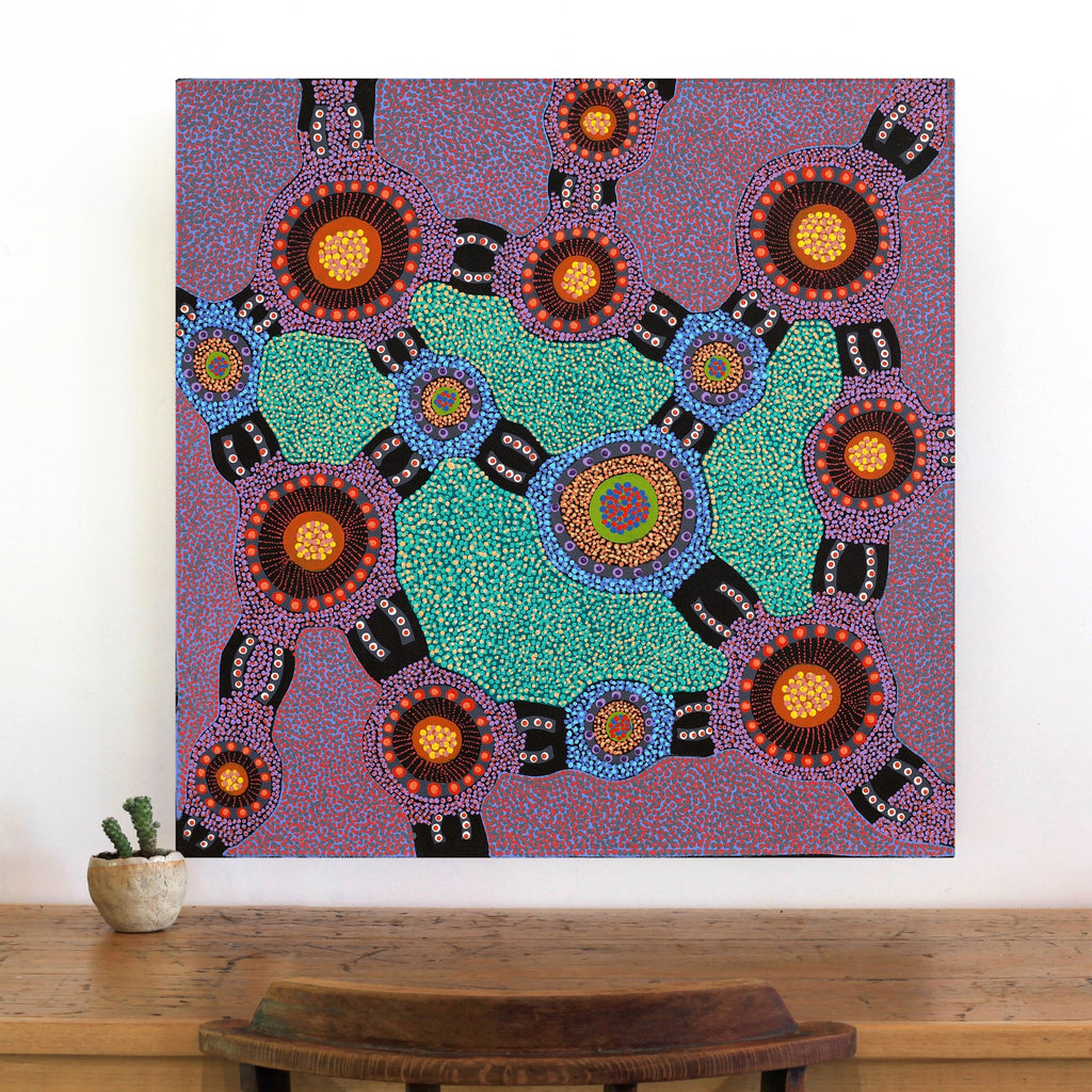 Aboriginal Artwork by Jennifer Napaljarri Lewis, Ngapa Jukurrpa (Water Dreaming) - Puyurru, 76x76cm