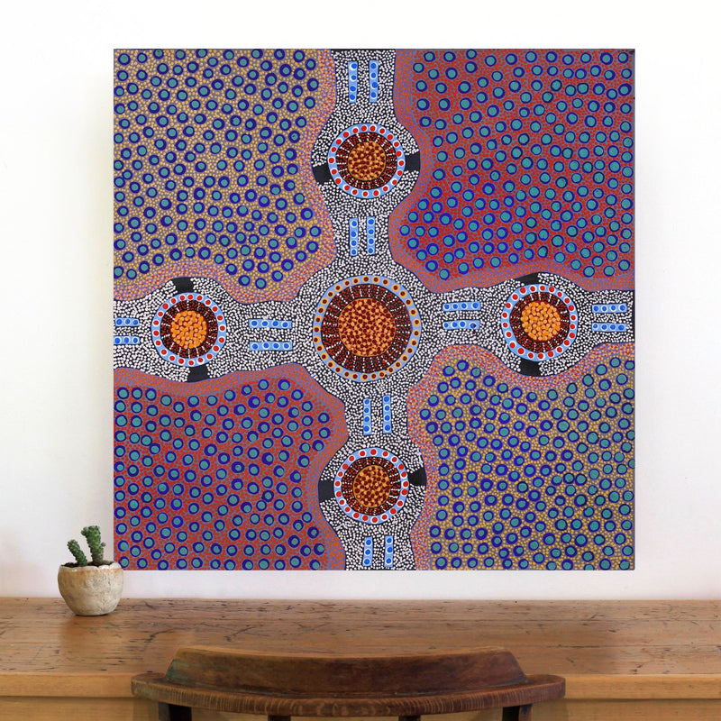 Aboriginal Artwork by Jennifer Napaljarri Lewis, Ngapa Jukurrpa (Water Dreaming) - Puyurru, 76x76cm
