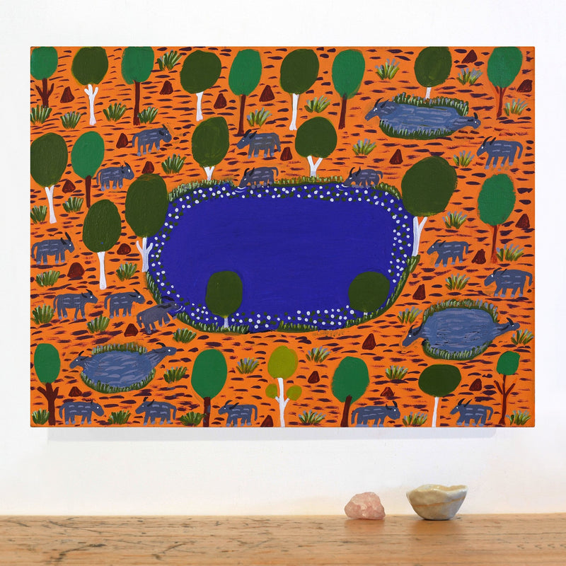 Aboriginal Artwork by Jill Daniels, Buffalo in the Billabong, 60x45cm