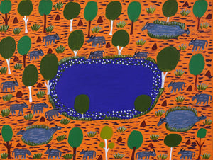 Aboriginal Artwork by Jill Daniels, Buffalo in the Billabong, 60x45cm - ART ARK®