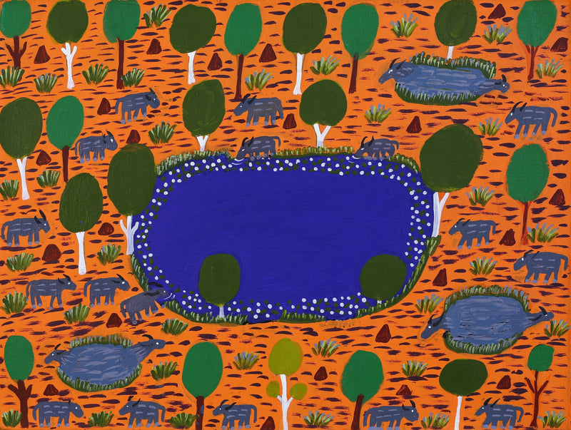 Aboriginal Artwork by Jill Daniels, Buffalo in the Billabong, 60x45cm