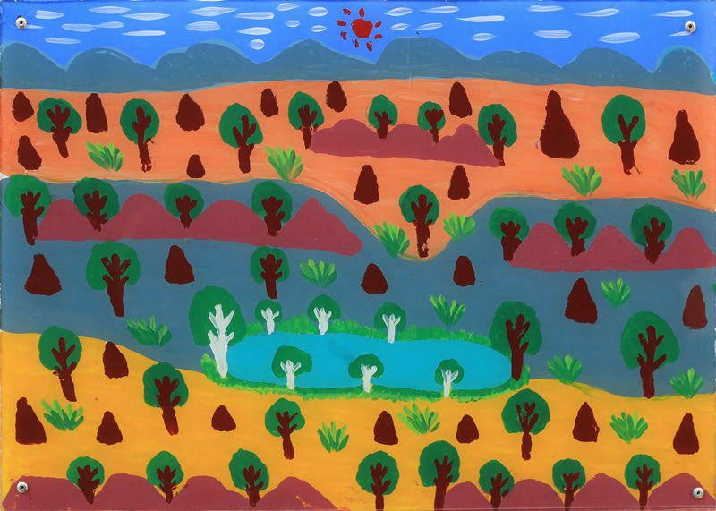 Aboriginal Artwork by Jill Daniels, Landscape#3, 42x30cm Perspex