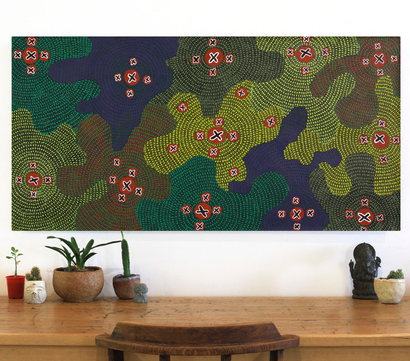 Aboriginal Artwork by Jill Nungarrayi Watson, Ngatijirri Jukurrpa (Budgerigar Dreaming), 122x61cm