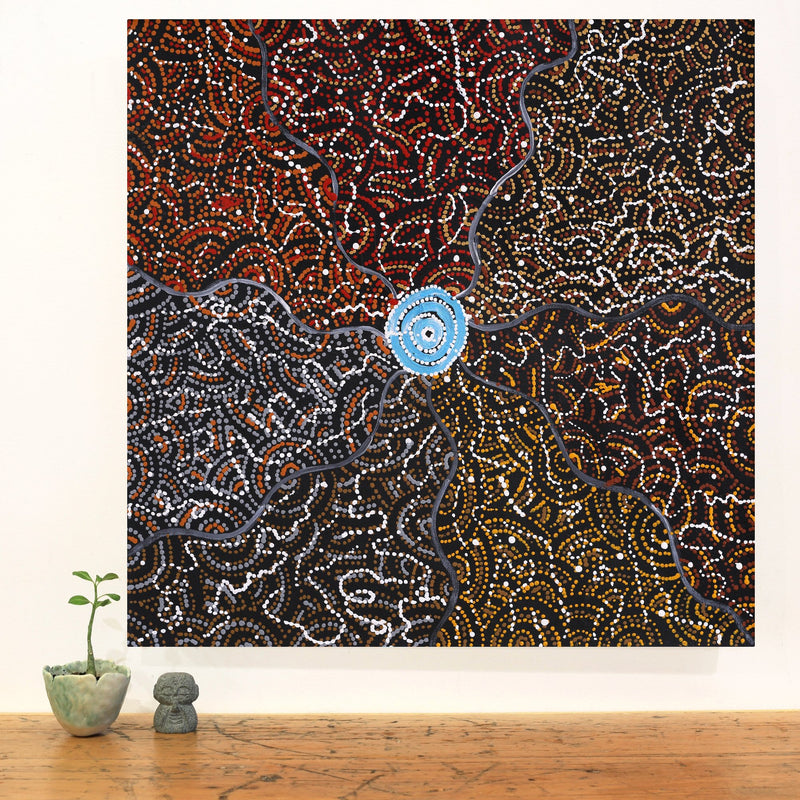 Aboriginal Artwork by Jillian Nampijinpa Brown, Ngapa Jukurrpa (Water Dreaming) - Mikanji, 61x61cm