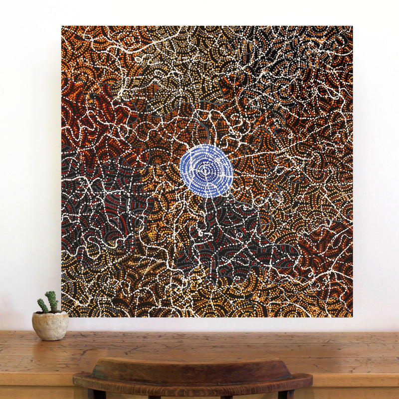 Aboriginal Artwork by Jillian Nampijinpa Brown, Ngapa Jukurrpa (Water Dreaming) - Mikanji, 76x76cm