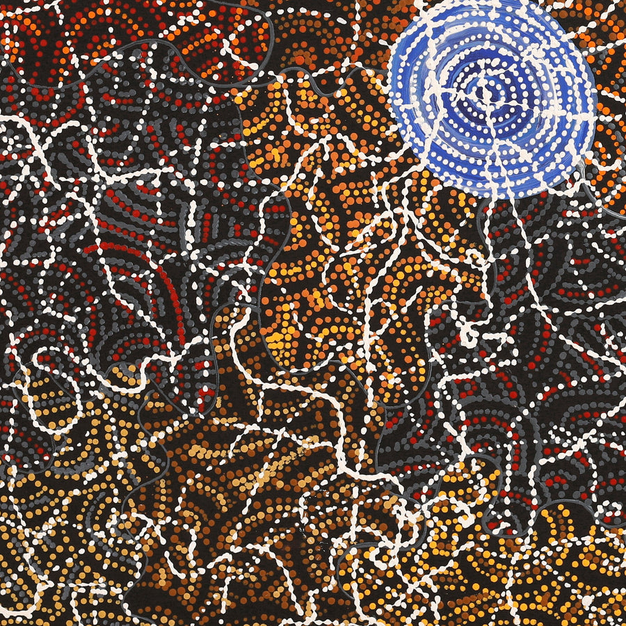 Aboriginal Artwork by Jillian Nampijinpa Brown, Ngapa Jukurrpa (Water Dreaming) - Mikanji, 76x76cm