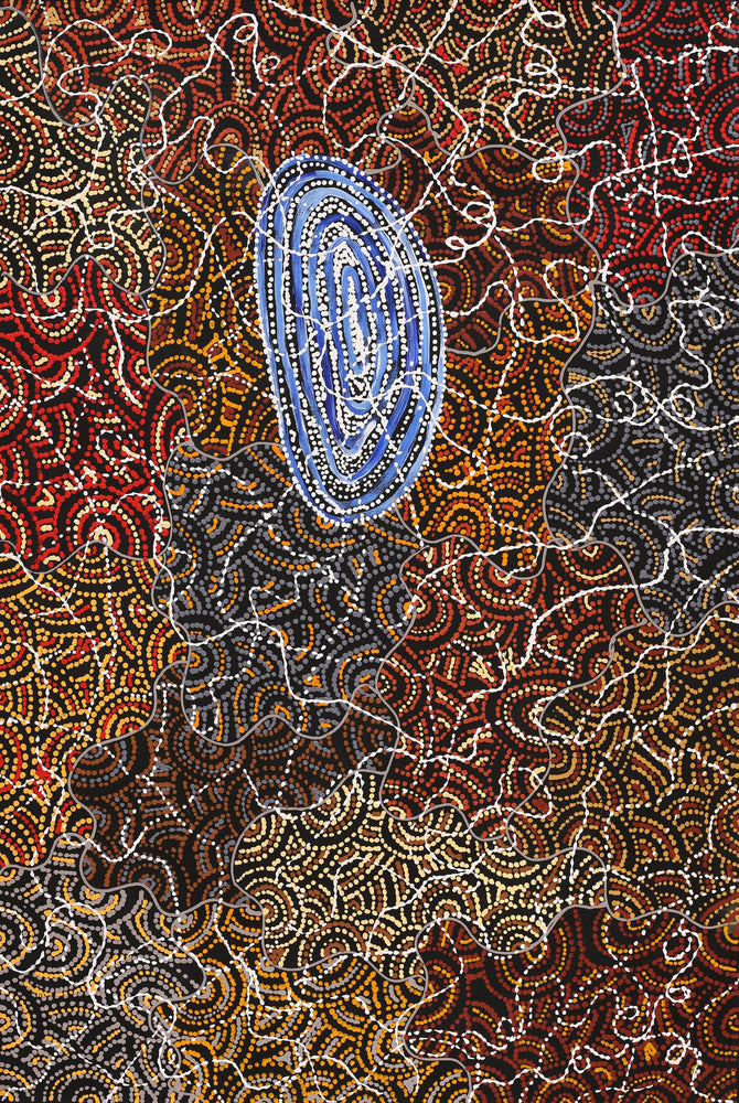 Aboriginal Artwork by Jillian Nampijinpa Brown, Ngapa Jukurrpa (Water Dreaming) - Mikanji, 91x61cm