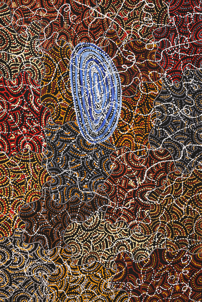 Aboriginal Artwork by Jillian Nampijinpa Brown, Ngapa Jukurrpa (Water Dreaming) - Mikanji, 91x61cm