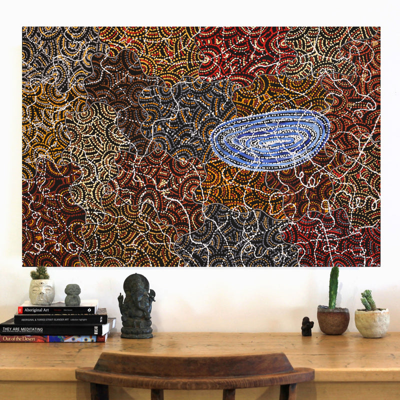 Aboriginal Artwork by Jillian Nampijinpa Brown, Ngapa Jukurrpa (Water Dreaming) - Mikanji, 91x61cm