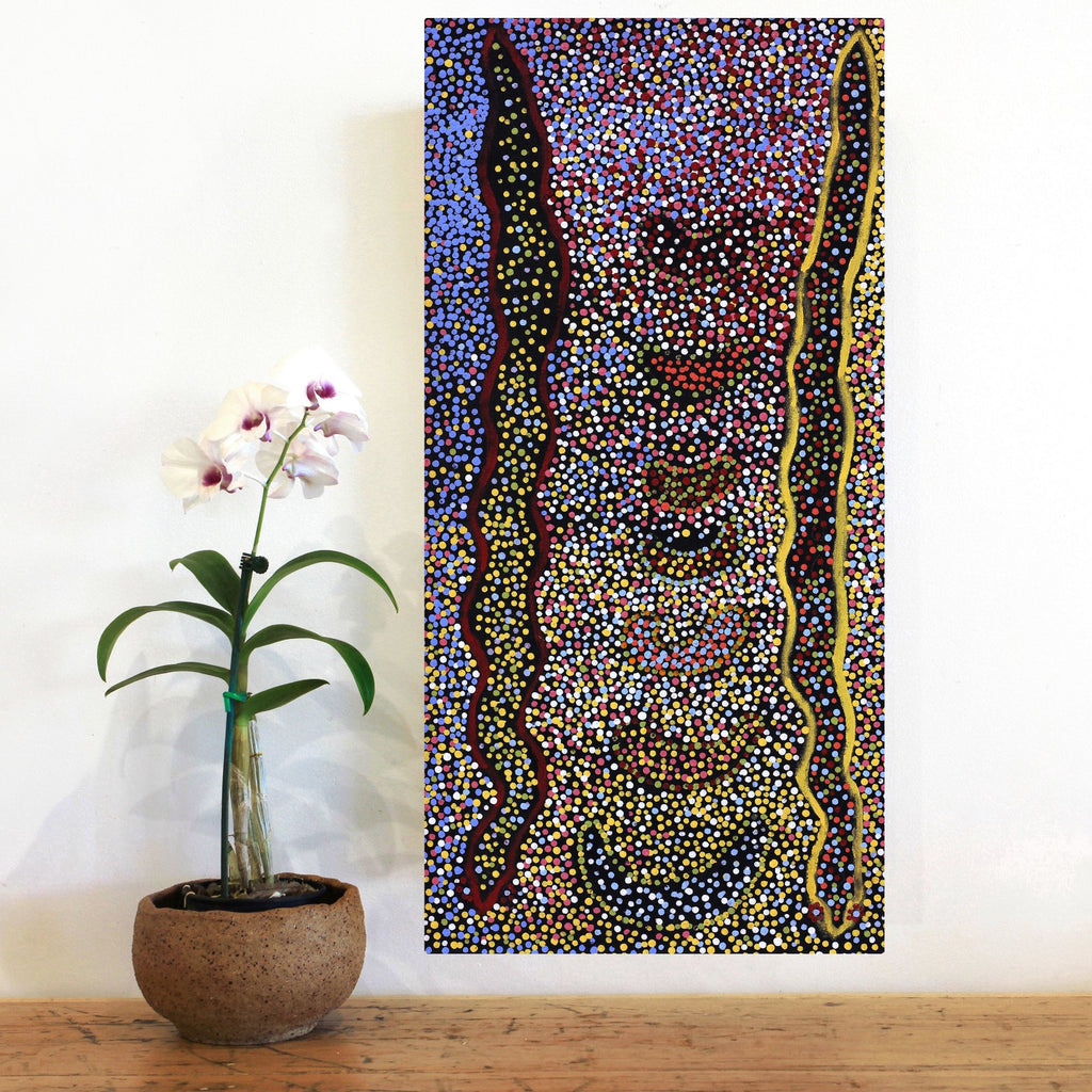 Aboriginal Artwork by Joshua Jungarrayi Brady, The Seven Sisters - Anangu Pitjantjatjara Yankunytjatjara Jukurrpa, 61x30cm