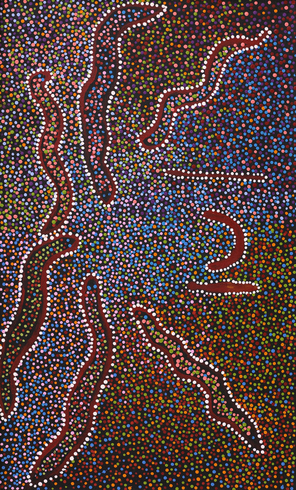 Aboriginal Artwork by Joshua Jungarrayi Brady, The Seven Sisters - Anangu Pitjantjatjara Yankunytjatjara Jukurrpa, 76x46cm