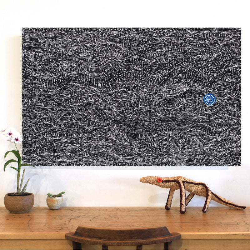 Aboriginal Artwork by Justinna Napaljarri Sims, Yanjirlpirri or Napaljarri-Warnu Jukurrpa (Star or Seven Sisters Dreaming), 122x76cm