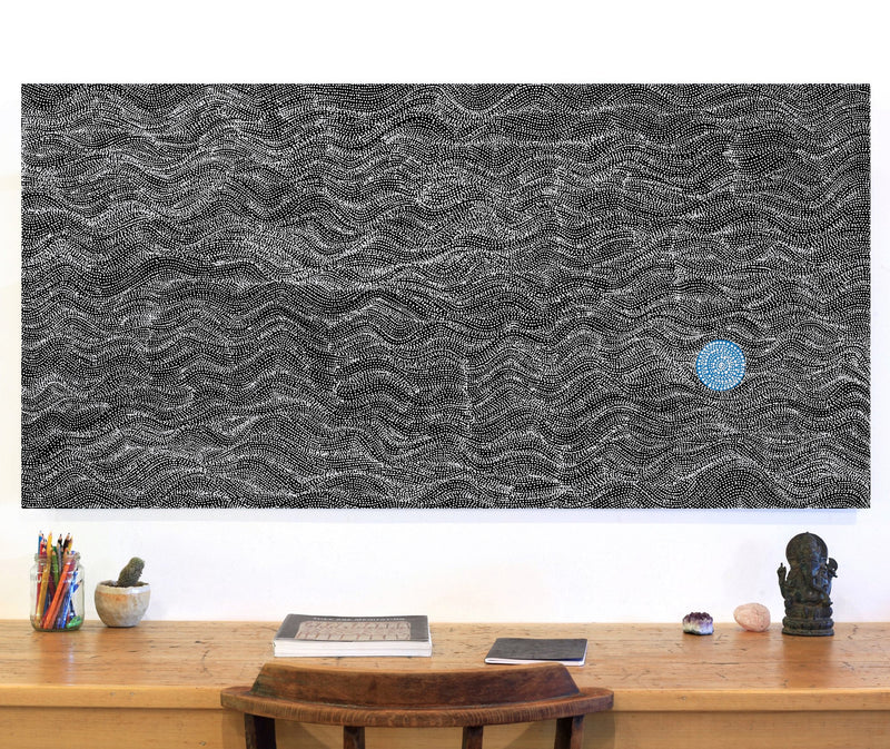 Aboriginal Artwork by Justinna Napaljarri Sims, Yanjirlpirri or Napaljarri-Warnu Jukurrpa (Star or Seven Sisters Dreaming), 152x76cm