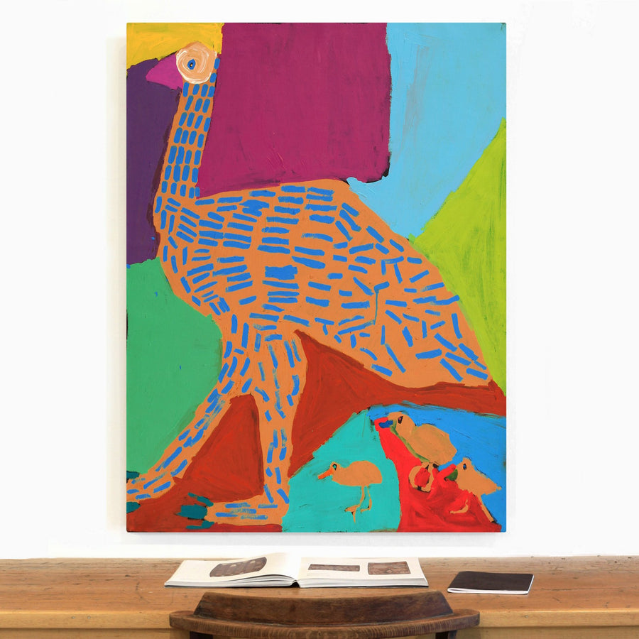 Aboriginal Artwork by Karen Napaljarri Barnes, Emu and chicks, 122x91cm