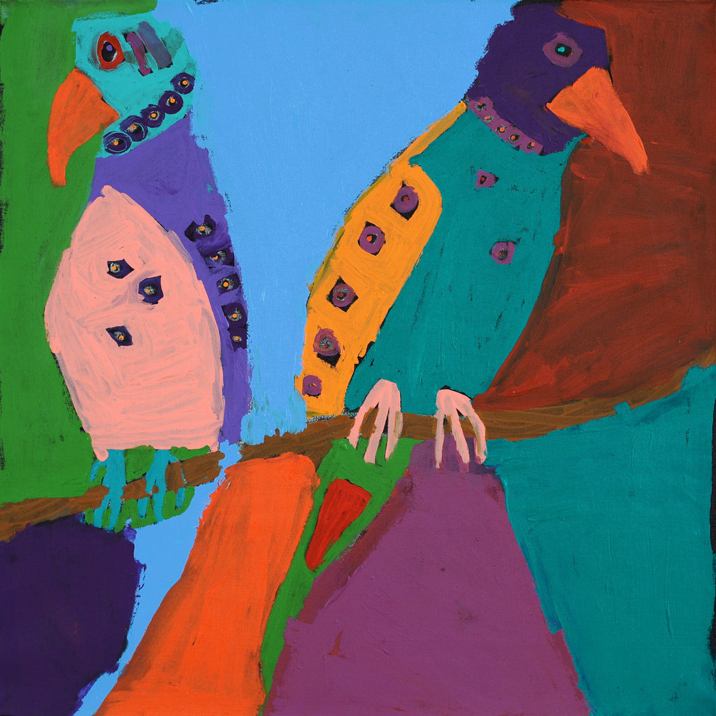 Aboriginal Artwork by Karen Napaljarri Barnes, Jurlpu kuja kalu nyinami Yurntumu-wana (Birds that live around Yuendumu), 76x76cm