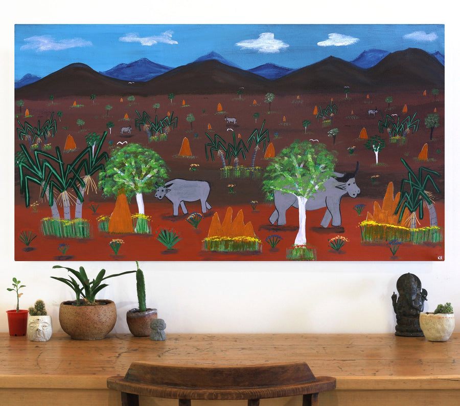 Aboriginal Artwork by Karen Rogers, Buffalo Landscape, 120x65cm