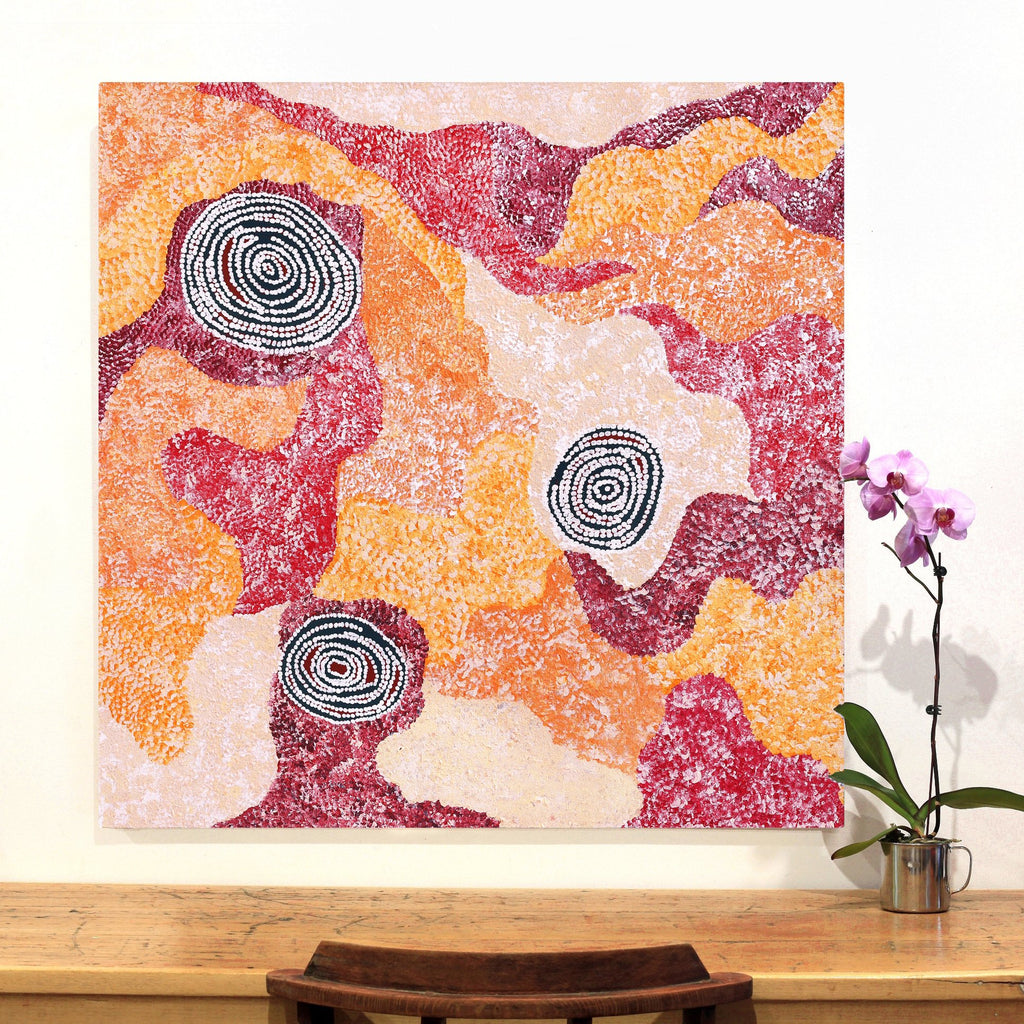 Aboriginal Artwork by Kathleen Whiskey, Kakalyalya Tjukurrpa - White Cocky Dreaming, 100x100cm