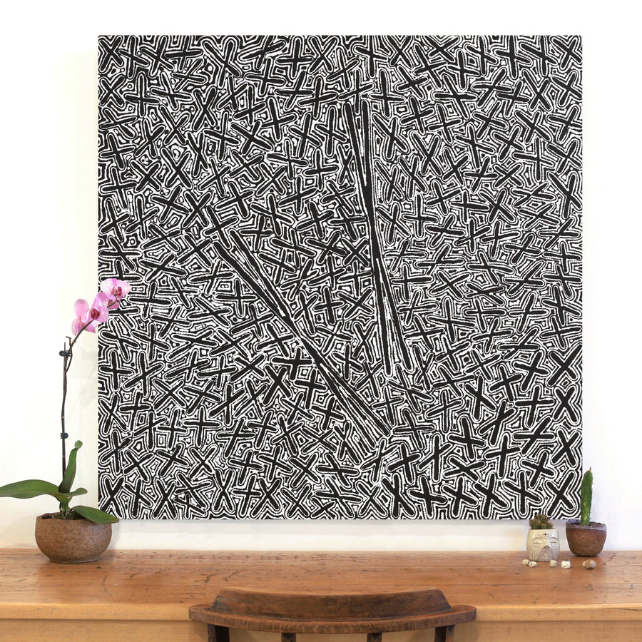 Aboriginal Artwork by Kenneth Jungarrayi Martin, Ngatijirri Jukurrpa (Budgerigar Dreaming), 107x107cm