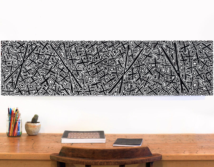 Aboriginal Artwork by Kenneth Jungarrayi Martin, Ngatijirri Jukurrpa (Budgerigar Dreaming), 122x30cm
