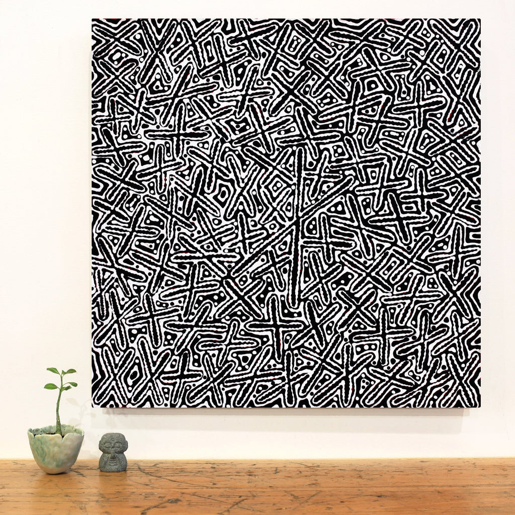 Aboriginal Artwork by Kenneth Jungarrayi Martin, Ngatijirri Jukurrpa (Budgerigar Dreaming), 61x61cm