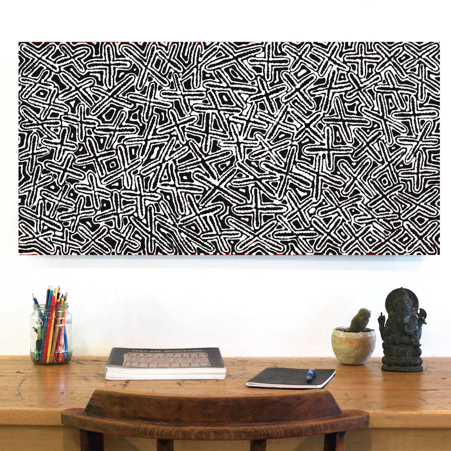 Aboriginal Artwork by Kenneth Jungarrayi Martin, Ngatijirri Jukurrpa (Budgerigar Dreaming), 91x46cm