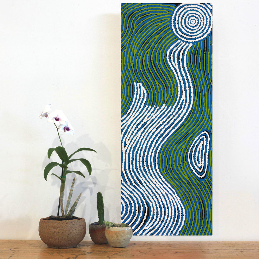 Aboriginal Artwork by Leah Nampijinpa Sampson, Ngapa Jukurrpa - Pirlinyarnu, 76x30cm