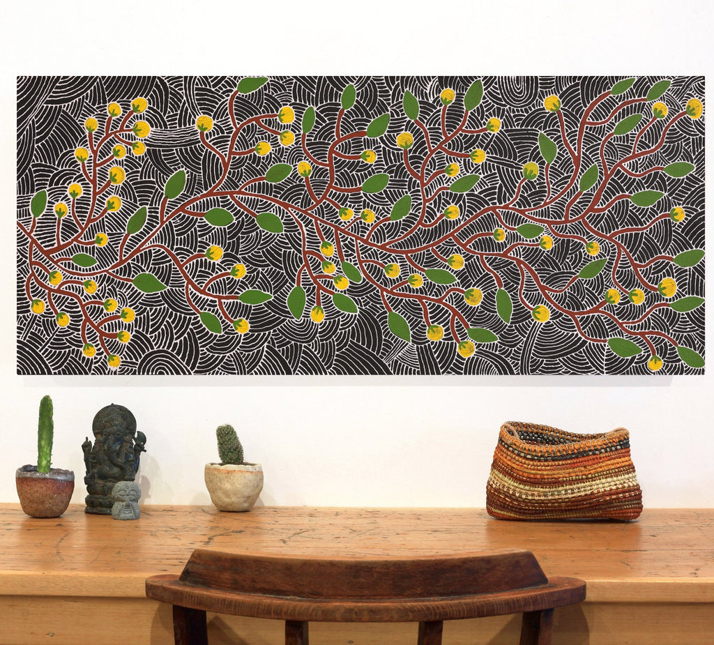 Aboriginal Artwork by Leah Nampijinpa Sampson, Wanakiji Jukurrpa (Bush Tomato Dreaming), 107x46cm