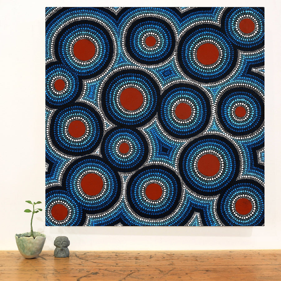Aboriginal Artwork by Leavannia Nampijinpa Watson, Ngapa Jukurrpa (Water Dreaming) - Puyurru, 61x61cm