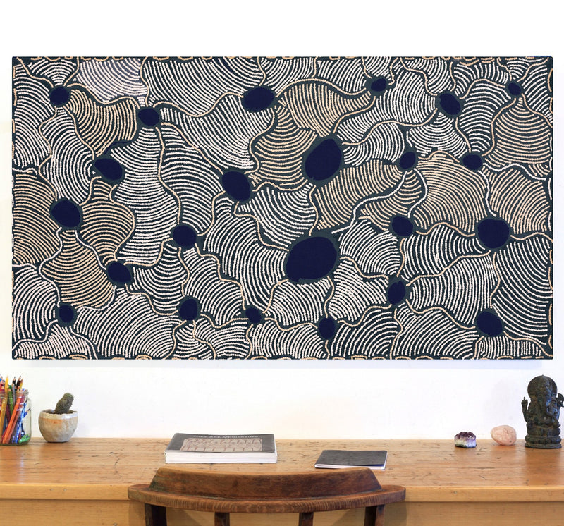 Aboriginal Artwork by Leonie Napaltjarri Kamutu, Papa Tjukurrpa (Dog Dreaming), 136x76cm