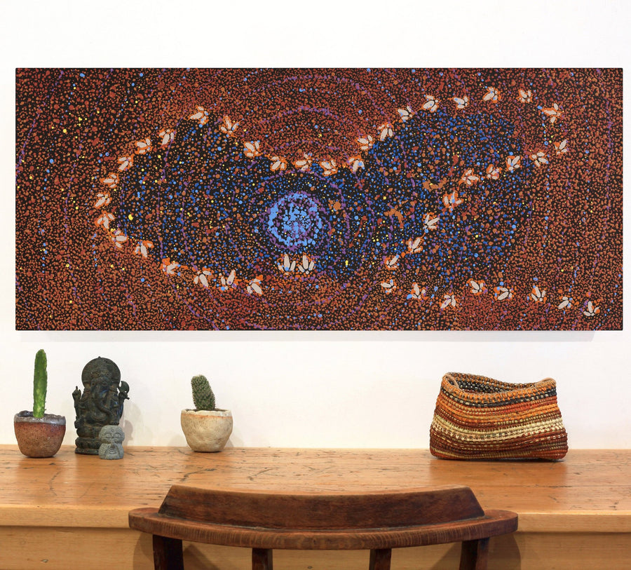 Aboriginal Artwork by Lloyd Jampijinpa Brown, Yankirri Jukurrpa (Emu Dreaming) - Ngarlikurlangu, 107x46cm