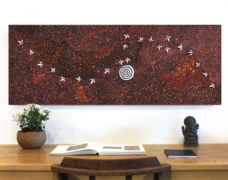 Aboriginal Artwork by Lloyd Jampijinpa Brown, Yankirri Jukurrpa (Emu Dreaming) - Ngarlikurlangu, 122x46cm