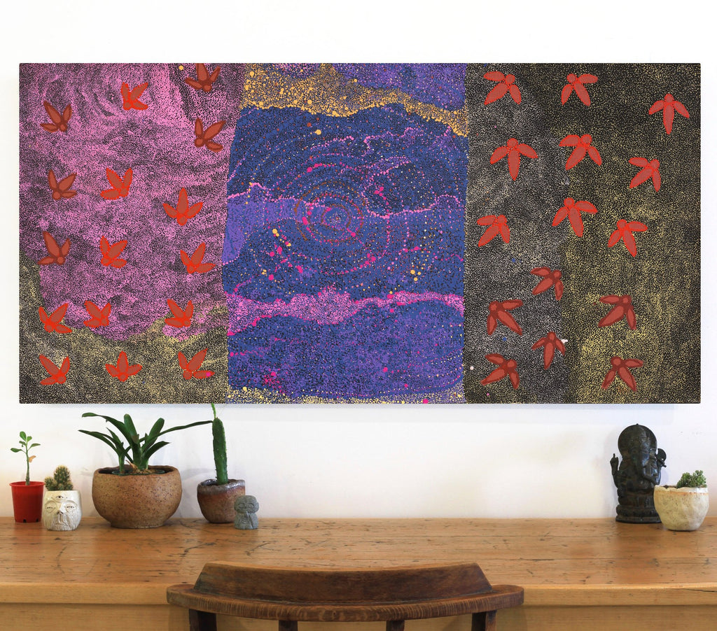 Aboriginal Artwork by Lloyd Jampijinpa Brown, Yankirri Jukurrpa (Emu Dreaming) - Ngarlikurlangu, 122x61cm