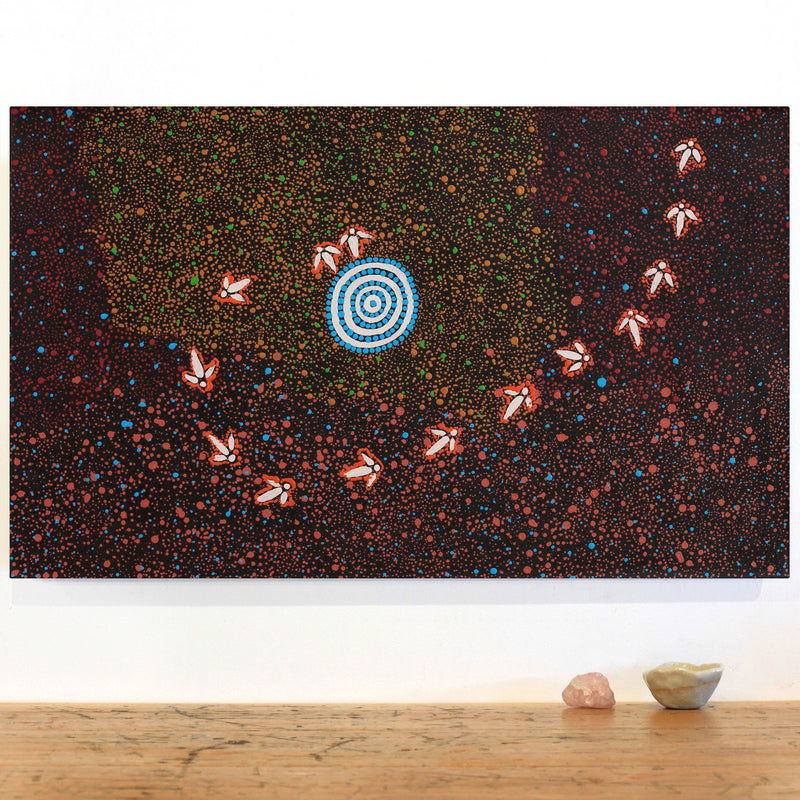 Aboriginal Artwork by Lloyd Jampijinpa Brown, Yankirri Jukurrpa (Emu Dreaming) - Ngarlikurlangu, 76x46cm