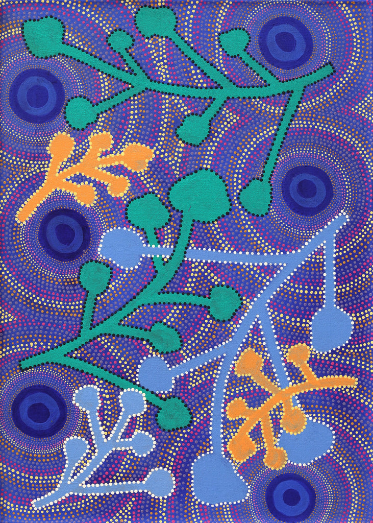 Aboriginal Artwork by Loretta Penhall, Bush flowers and seeds, 70x50cm