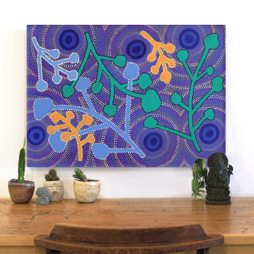 Aboriginal Artwork by Loretta Penhall, Bush flowers and seeds, 70x50cm