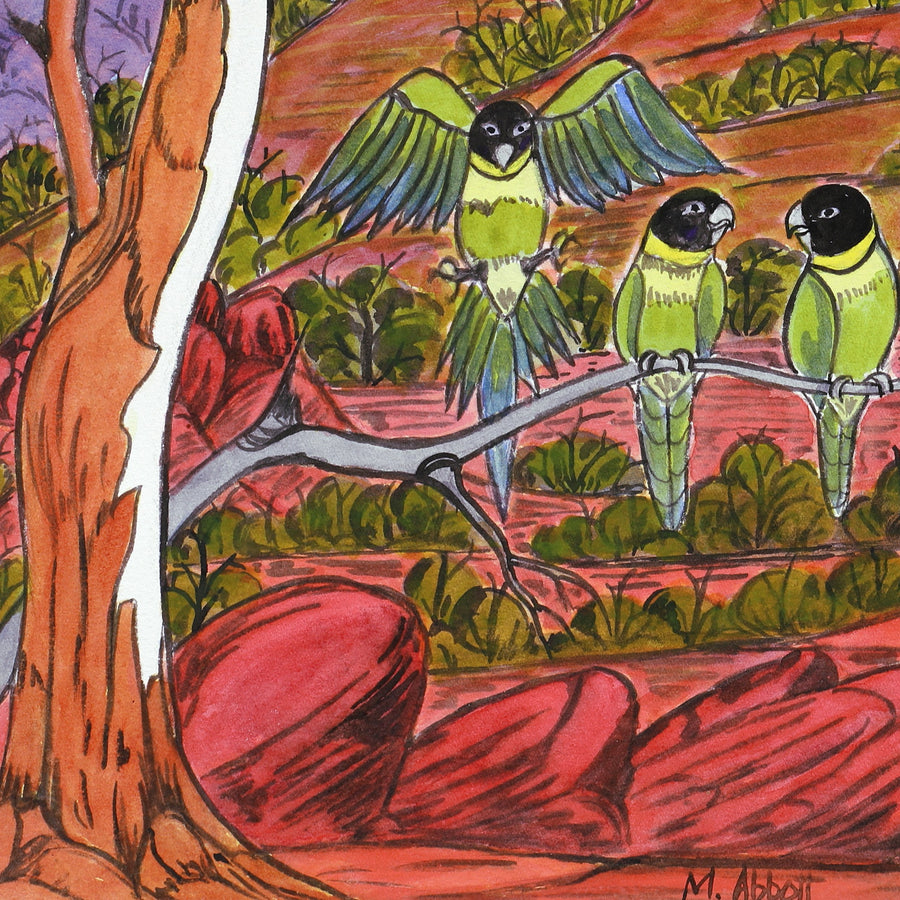 Aboriginal Artwork by Marie Abbott, Ringneck Parrots at Finke National Park, 54.5x36.5cm