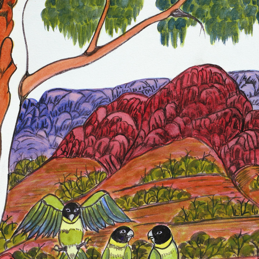 Aboriginal Artwork by Marie Abbott, Ringneck Parrots at Finke National Park, 54.5x36.5cm
