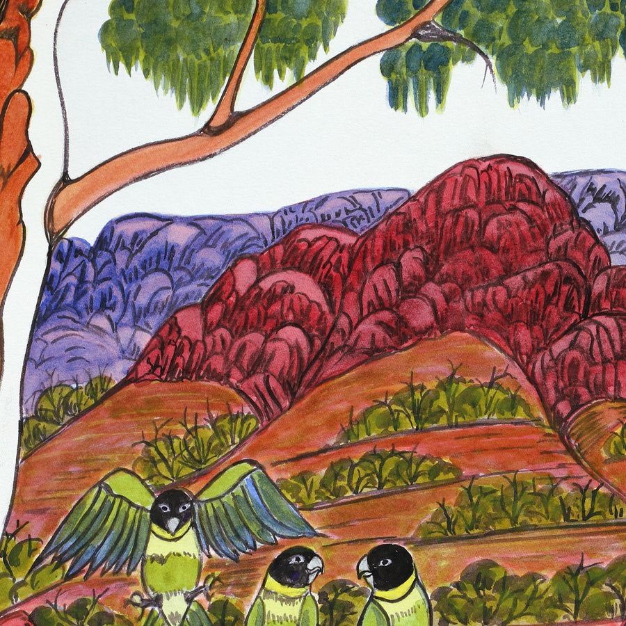 Aboriginal Artwork by Marie Abbott, Ringneck Parrots at Finke National Park, 54.5x36.5cm