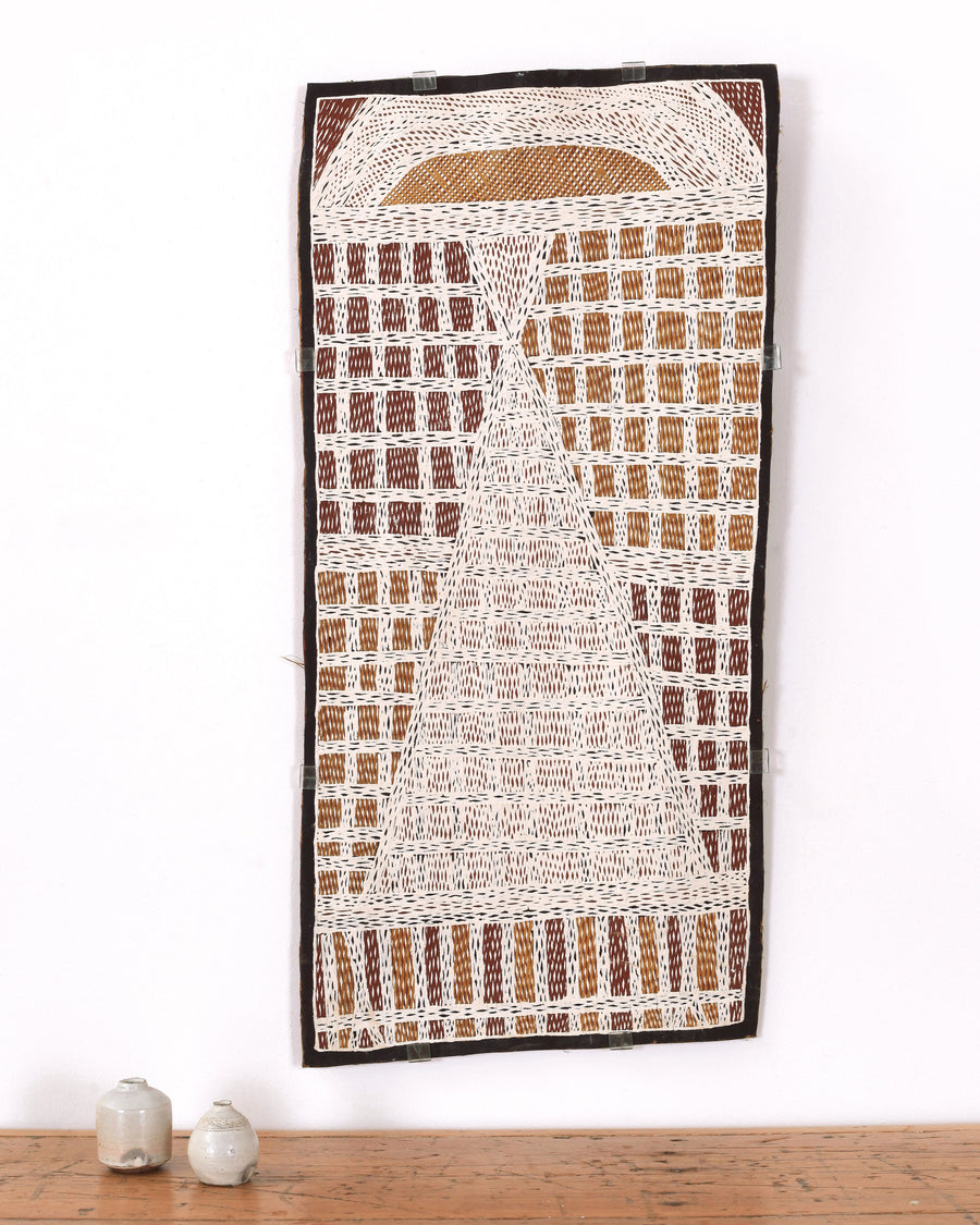 Aboriginal Artwork by Marrnyula Munuŋgurr Watjumi, Ganybu, 75x37cm Bark