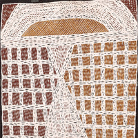 Aboriginal Artwork by Marrnyula Munuŋgurr Watjumi, Ganybu, 75x37cm Bark