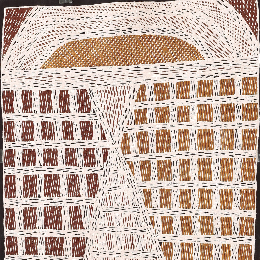 Aboriginal Artwork by Marrnyula Munuŋgurr Watjumi, Ganybu, 75x37cm Bark